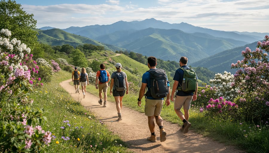 Hikers on a trail through a wildflower-filled meadow with Mount Rainier in the distance