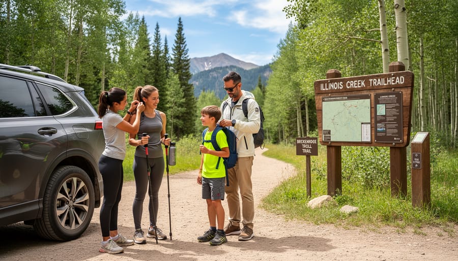 Family of hikers standing near the Illinois Creek Trailhead parking area in Breckenridge before starting the Troll Trail