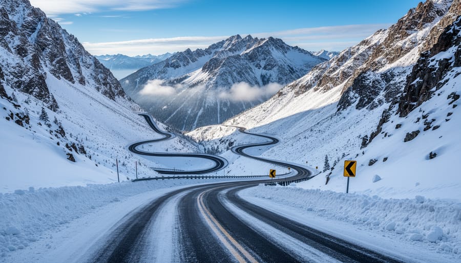 Headlights shining on a snow-dusted hairpin turn on a high mountain pass