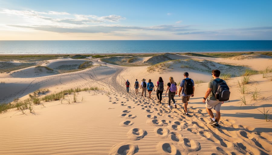 Hikers walking across sand dunes toward Lake Michigan at golden hour