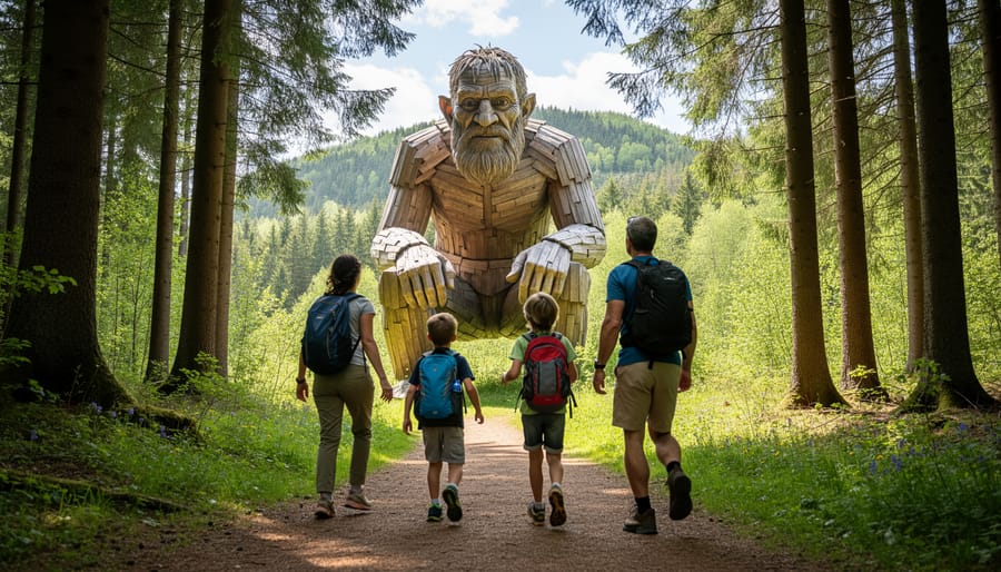 Family standing near the Isak Heartstone wooden troll sculpture on the Breckenridge Troll Trail