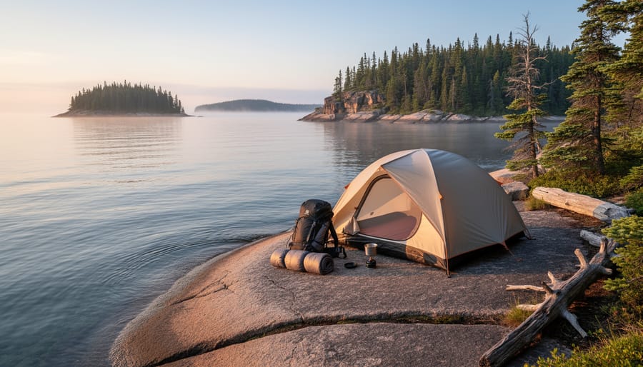 Tent and camping setup at an isolated lakeside backcountry site on Isle Royale