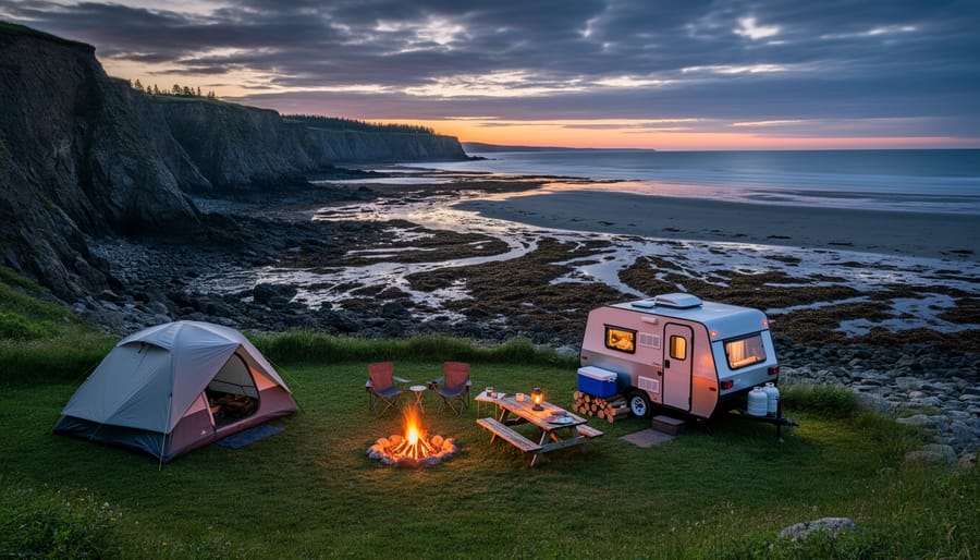 Lantern-lit campsite at dusk with Bay of Fundy waves and sea mist in the background