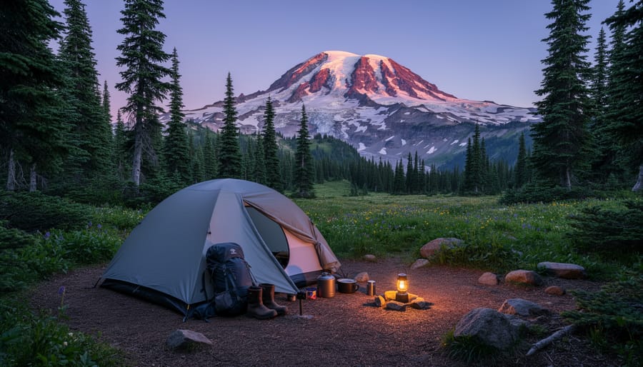 Tent campsite at dusk with warm light in the foreground and dark forest background