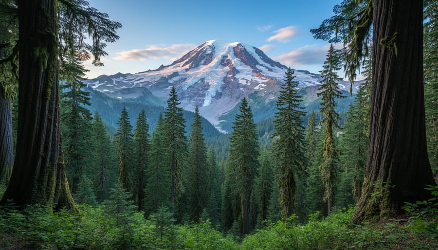 Mount Rainier rises above evergreen forest with snow-capped peaks in the distance