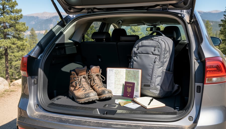 Hiking boots and park road trip essentials arranged on the trunk of a car