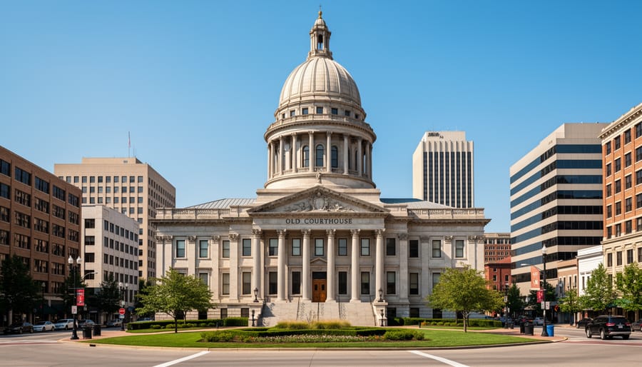 Front view of the Old Courthouse with prominent columns and steps