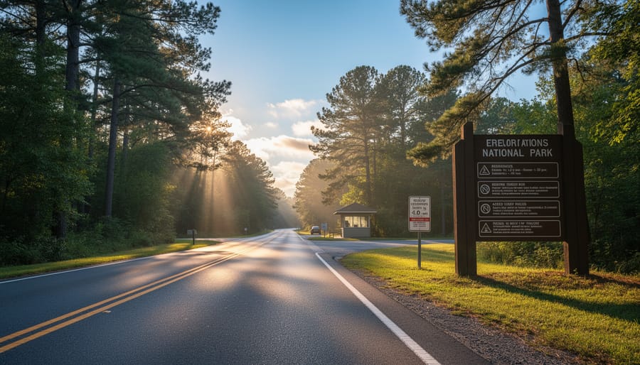 Sunlit national park entrance road with gate and distant mountains in the background