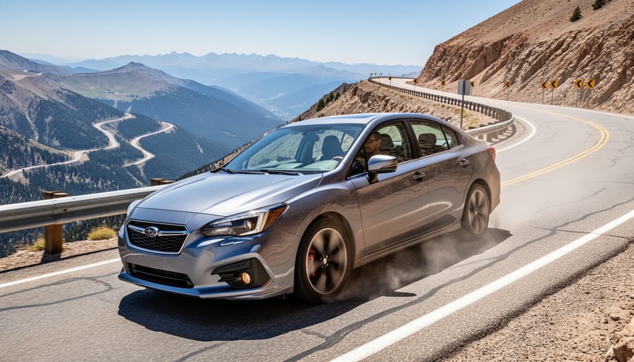 A car braking while navigating a sharp curve on a steep mountain road near Pikes Peak