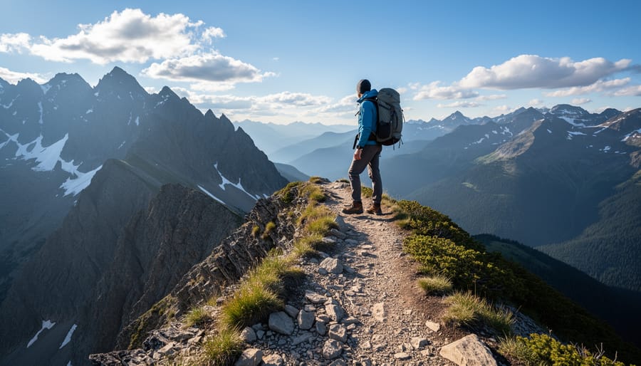 Hiker on an alpine ridge with Rocky Mountain National Park peaks in the background