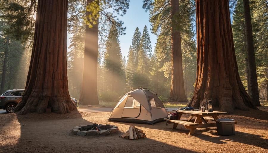 A campsite in Sequoia National Park with tents and a parked vehicle under tall trees at golden hour.