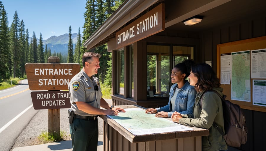A visitor checking information at an entrance station in Sequoia National Park.