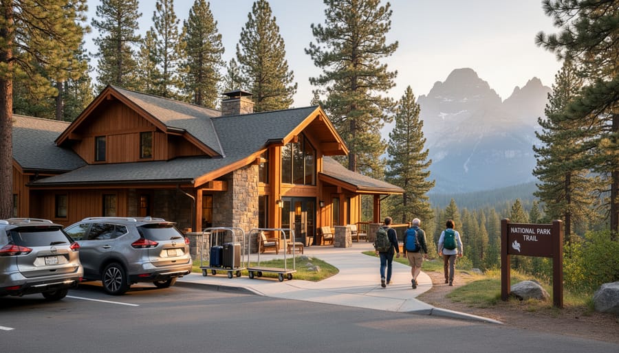 A warmly lit lodge building in Sequoia National Park with people relaxing on the porch at dusk.