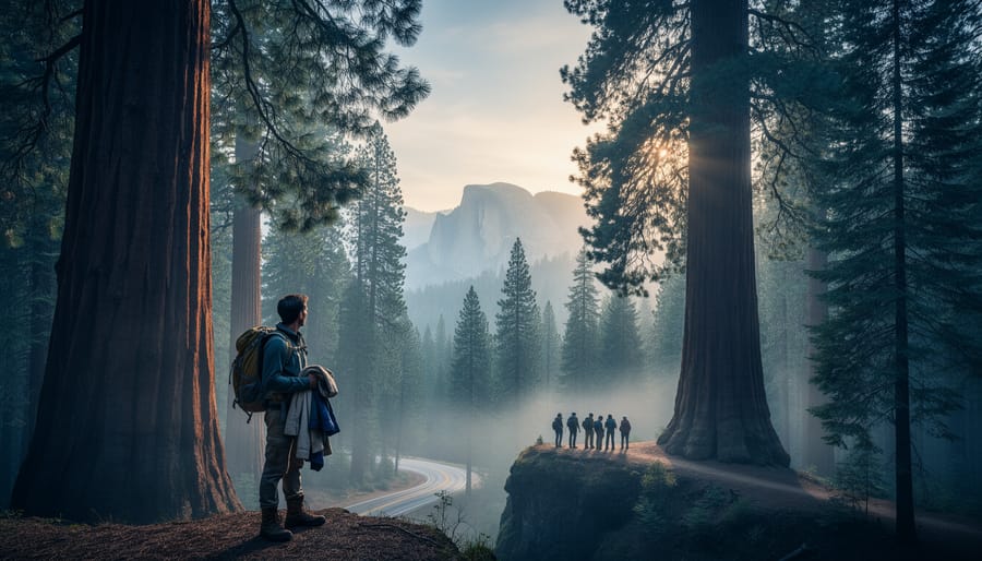 Hikers in a Sequoia National Park sequoia grove preparing for changing weather near a scenic overlook at sunrise.