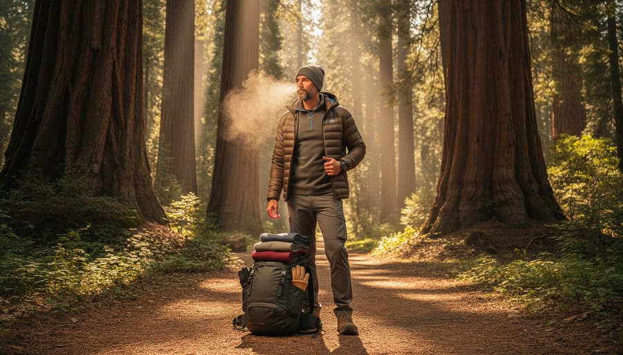 A traveler in the Giant Forest adding layers of clothing while standing near towering trees.