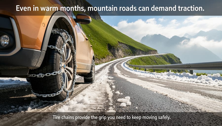 A person installing tire chains on a vehicle near a mountain road in Sequoia National Park.