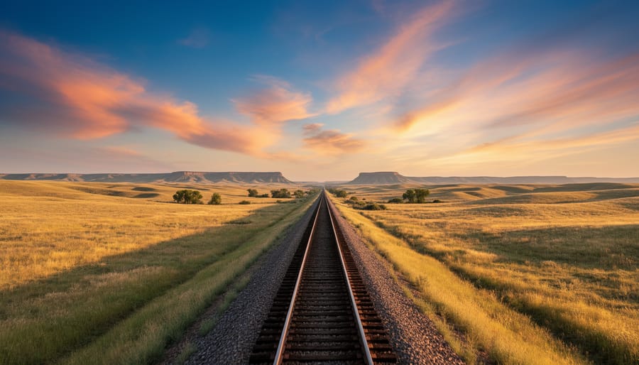 Southwest Chief train in vast prairie with expansive big sky at golden hour.