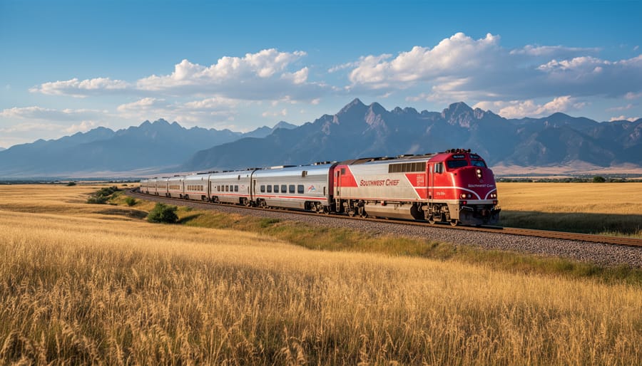 Southwest Chief train moving through southern Colorado grasslands with mountains in the distance.