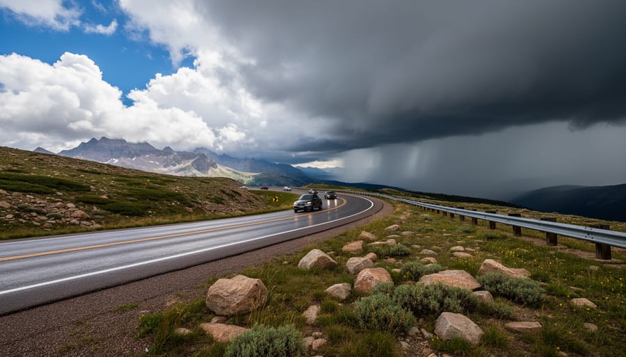 Trail Ridge Road receding into the distance under looming storm clouds