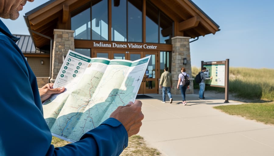 Visitor holding a map near a visitor center counter area