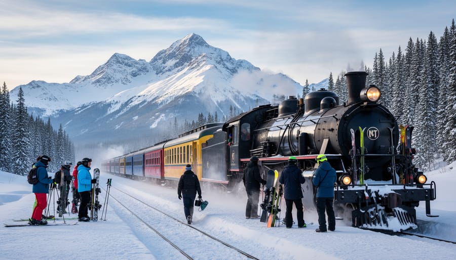 Winter Park Ski Train passing through snowy alpine scenery in the mountains.