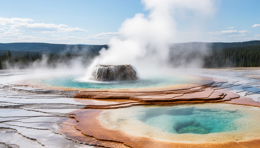 Steaming geyser at Yellowstone National Park with geothermal mineral pools