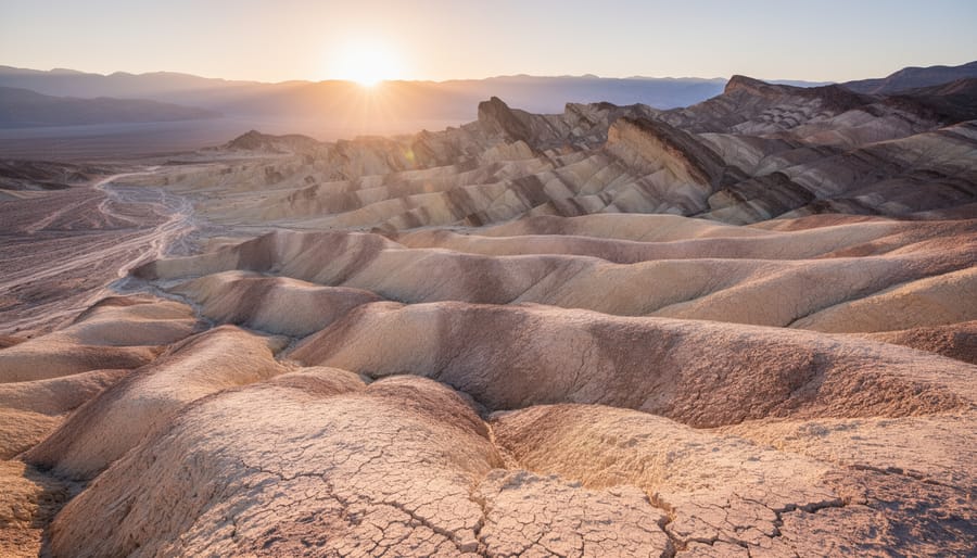 Hikers stand on a ridge at Zabriskie Point as golden hour sunlight highlights layered orange and rust-colored rock formations.