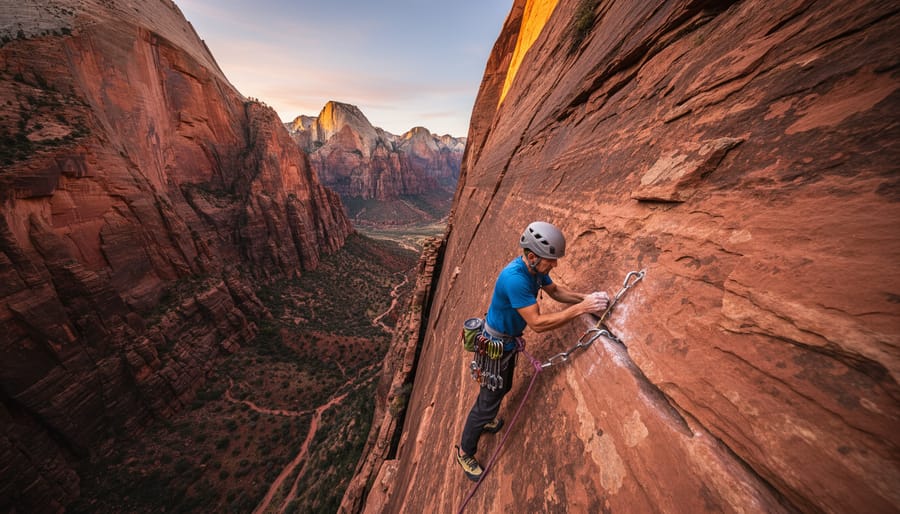 Climber on red rock in Zion National Park with canyon walls in background