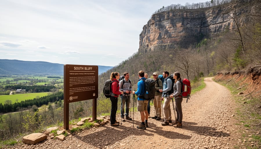 Hikers at the Alamosa South Bluff Trailhead with the trail leading toward the bluff overlooking the San Luis Valley.