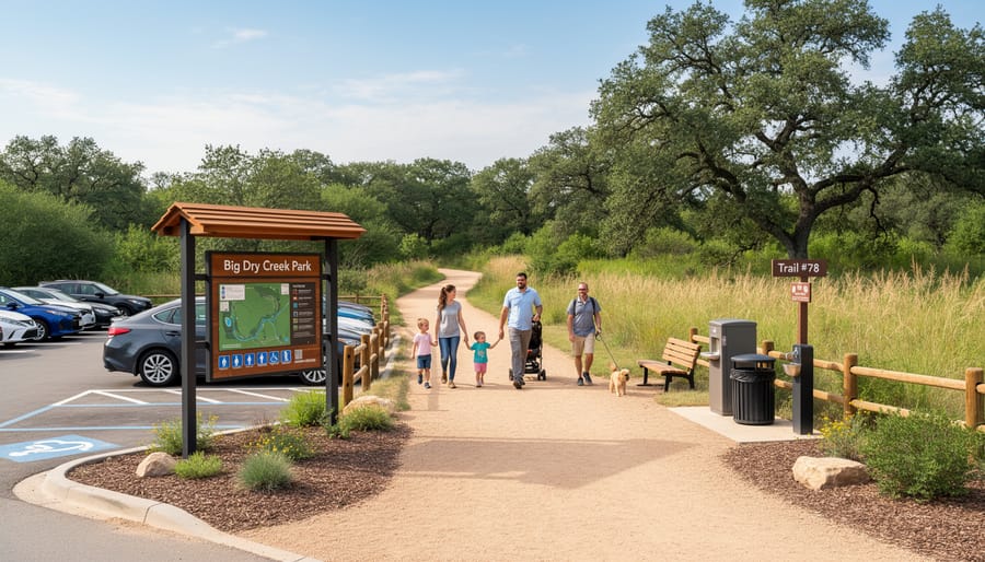 Trailhead area at Big Dry Creek Park with parking and a paved access path leading to Dry Creek Trail #78