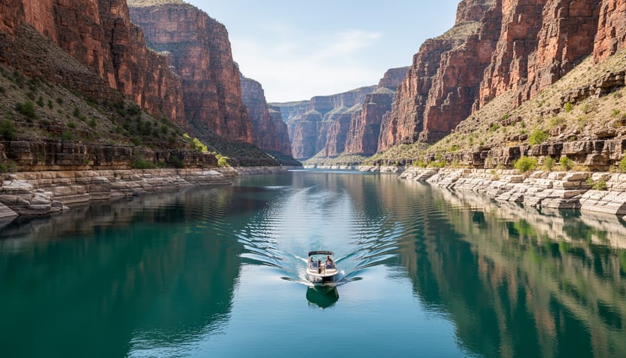 Boat on Bighorn Canyon reservoir water with rugged canyon walls in the background.
