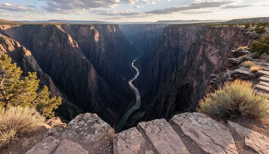 A viewpoint looking down into Black Canyon of the Gunnison with sheer rock walls and the Gunnison River below.