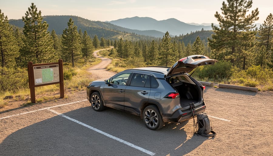 A car parked at a trailhead with alpine mountains and pine trees in the background.