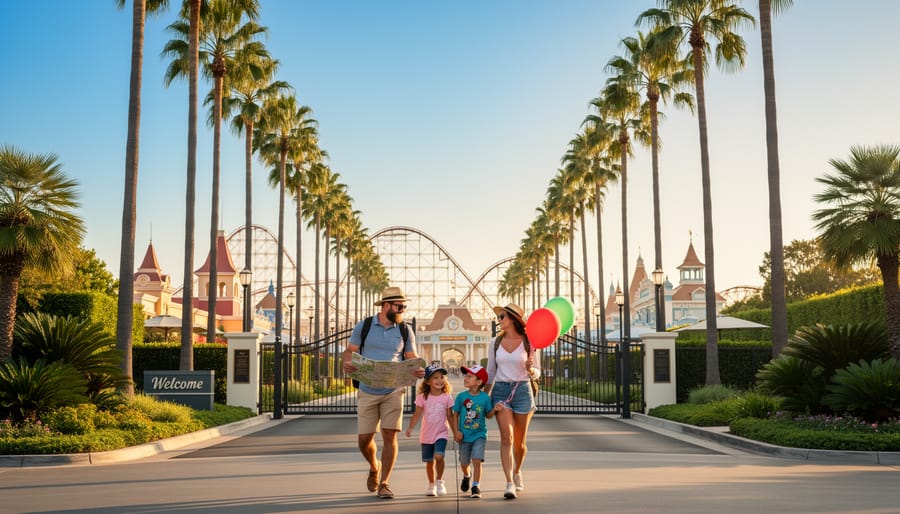 A family arriving at a California theme park area with palm trees and warm evening lights