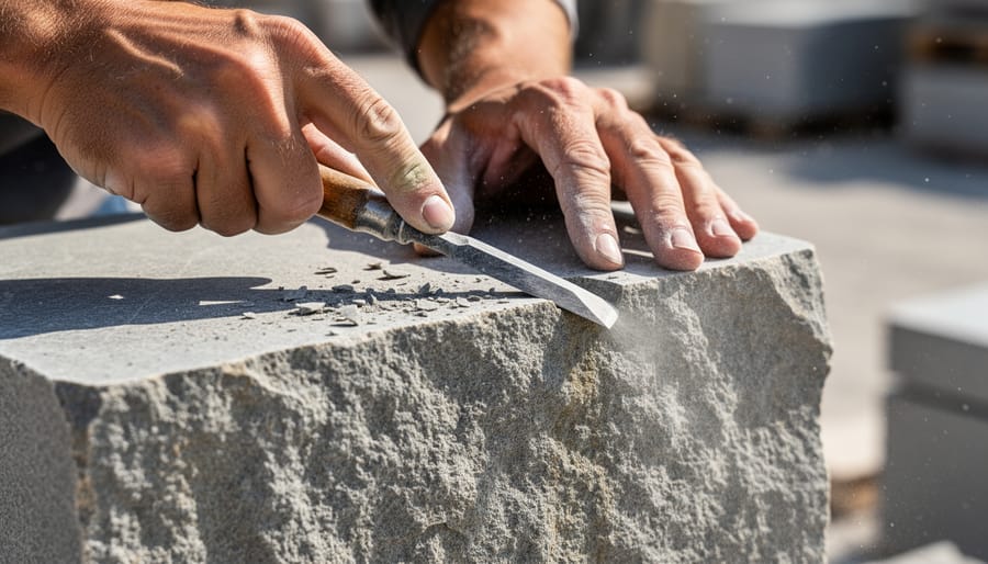 Stoneworker’s hands holding a raw granite slab with natural veining beside chisels and tools on a workbench