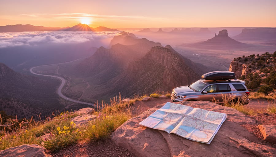 A family on a rocky overlook at sunrise looking toward distant Colorado mountain valleys and a winding road.