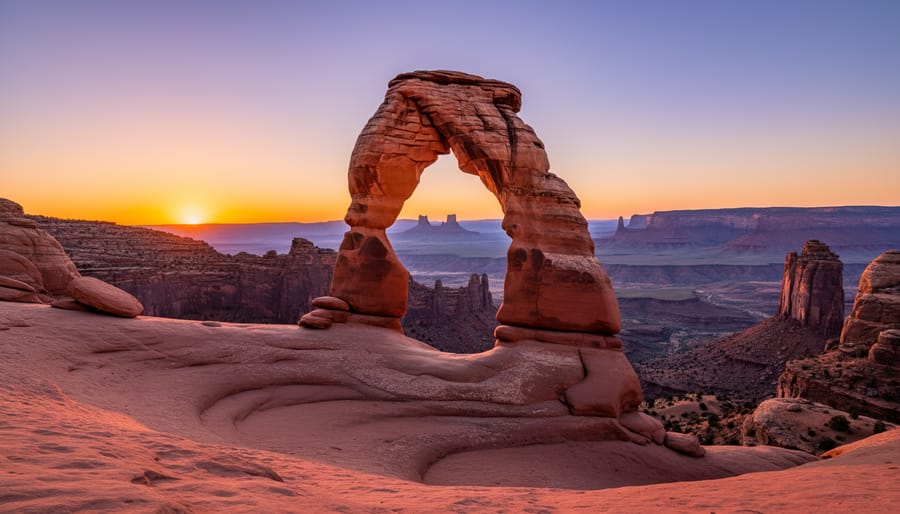 Delicate Arch at sunset with warm desert sky and small hikers in silhouette