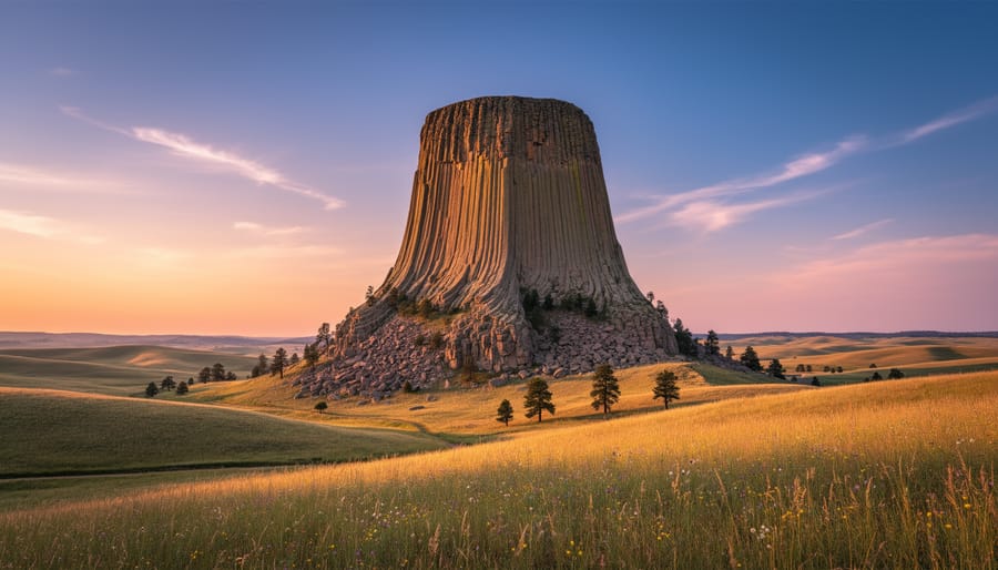 Devils Tower rising from a rocky foreground under sunset light in Devils Tower National Monument.