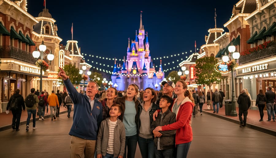 People enjoying a nighttime Disneyland scene with a glowing castle in the background