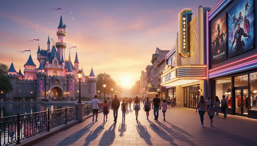 Sunset promenade scene representing contrasting theme-park atmospheres for Disneyland and Universal