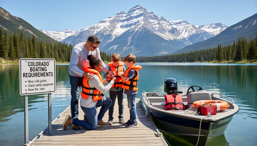 A teen wearing a life jacket prepares a small motorboat for launch at a dock.