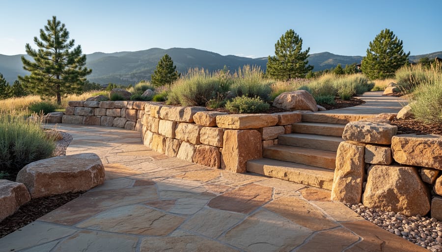 Wide view of a fieldstone wall or fireplace surround with a softly blurred mountain landscape in the background