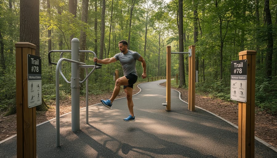 Outdoor fitness equipment and a runner near the fitness stations along Dry Creek Trail #78