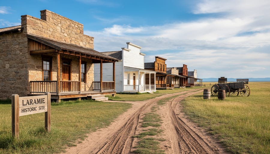 Historic wooden buildings at Fort Laramie National Historic Site with warm morning light and prairie background.