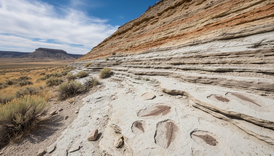 Hiking trail at Fossil Butte National Monument with layered rock cliffs in view.