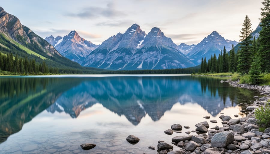 View of Jenny Lake in Grand Teton National Park with the Teton mountains and forest reflections.