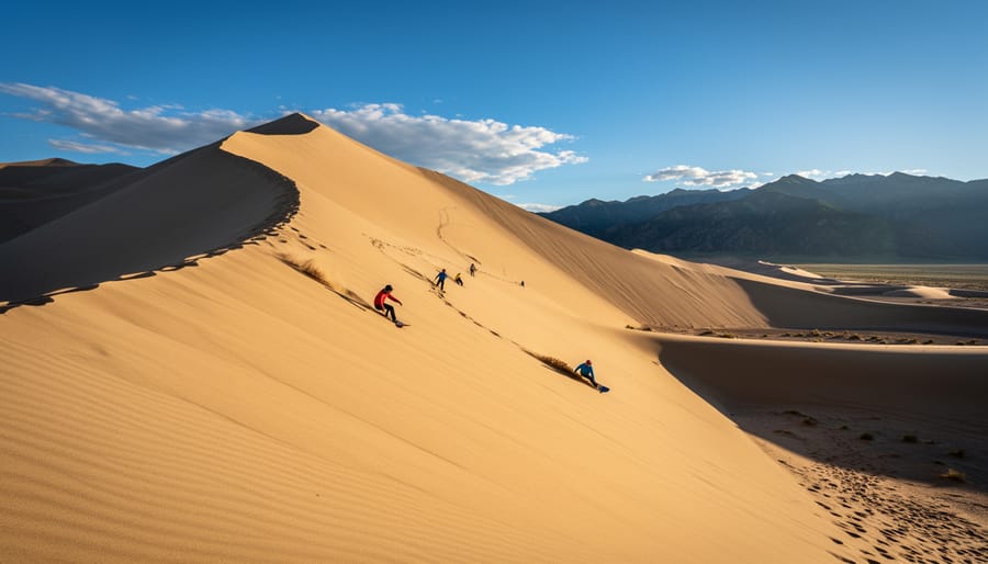 A sandboarder slides down a steep sand dune at Great Sand Dunes National Park with mountains in the distance.