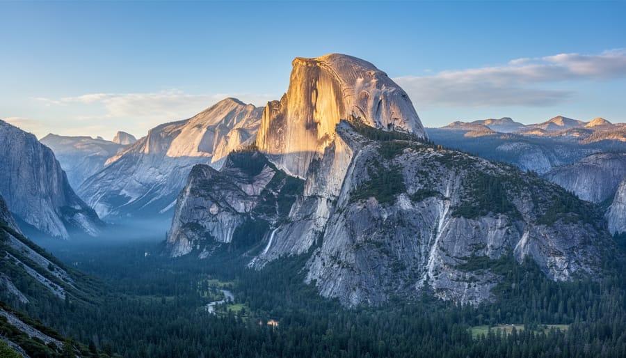 Half Dome rising above Yosemite Valley with golden light on the granite face