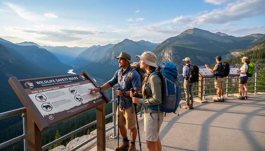 Hikers standing at a mountain overlook in golden hour light, looking out over a scenic valley.