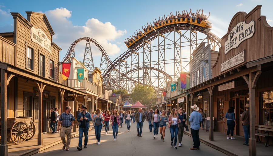 A roller coaster crest at Knott’s Berry Farm with park guests and landscaping in the foreground